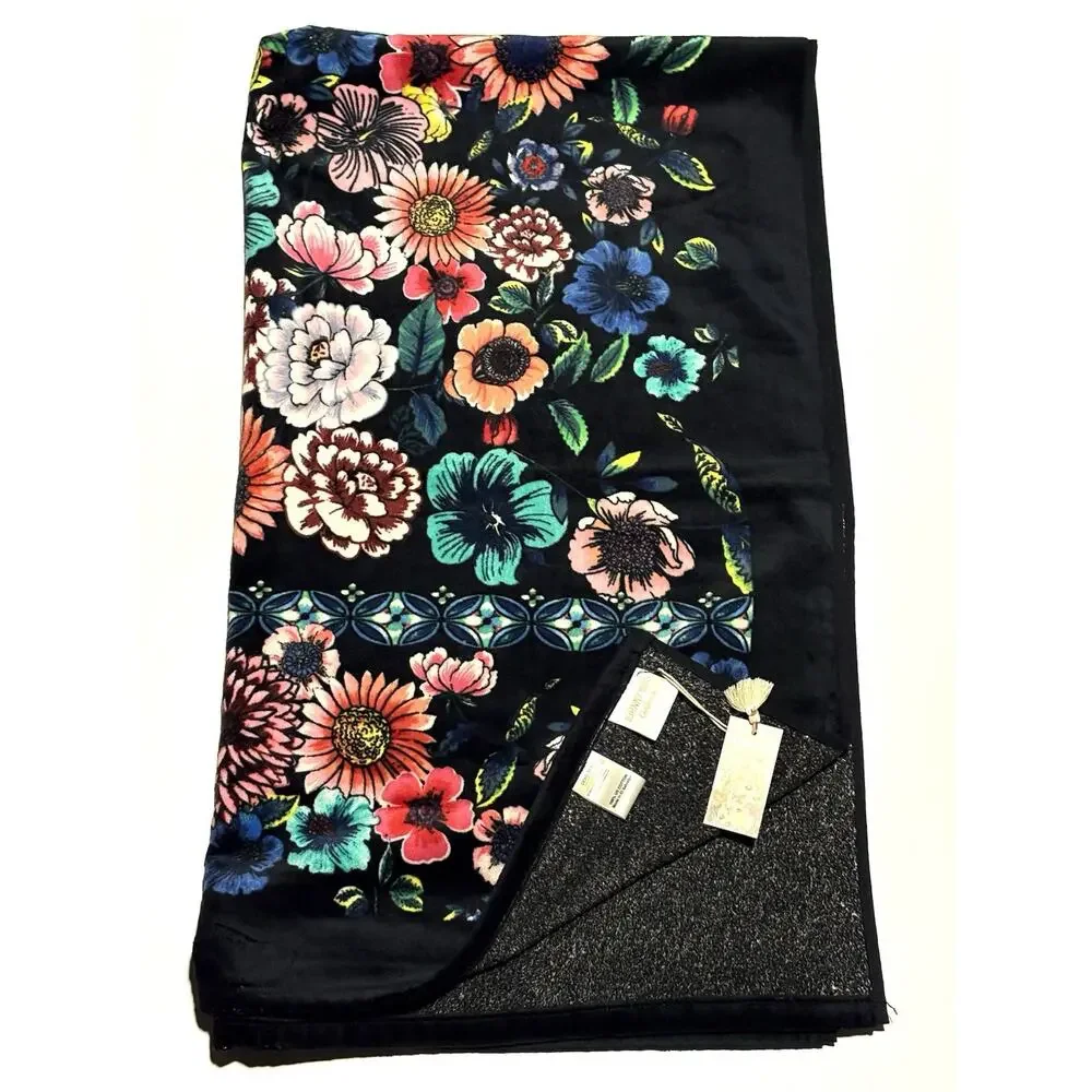 Johnny Was Evening Palace Beach Towel 40x70” Black Floral Flowers NWT